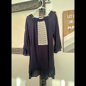 Indigo Soul Tunic Navy &  Ivory Lace Boho Style Long bell Sleeve